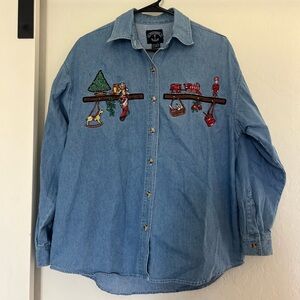 Vintage Solutions Denim Button Down Embroidered Jean Shirt Cotton Christmas 90s